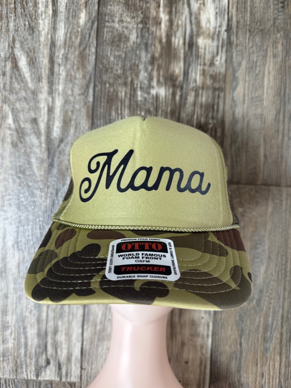 OTTO Mama Women Trucker Hat in Olive Green with Camo Bill